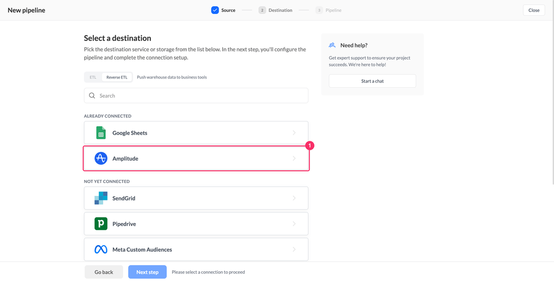 Select a destination step with Amplitude listed under Already connected