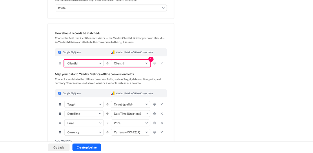 Record matching block with the source column on the left and the Yandex identifier on the right