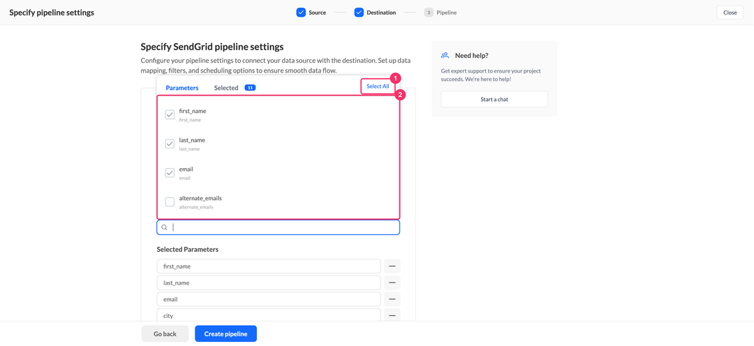 SendGrid parameters picker with the Parameters and Selected tabs, the Select All button, and the Selected Parameters list below