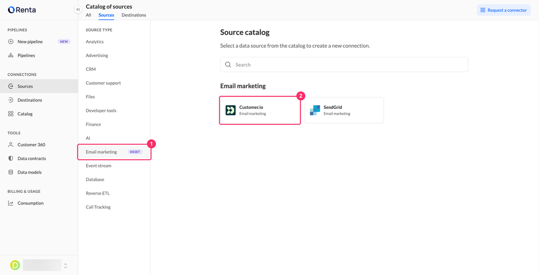 Customer.io card in the Email marketing category of the Renta source catalog