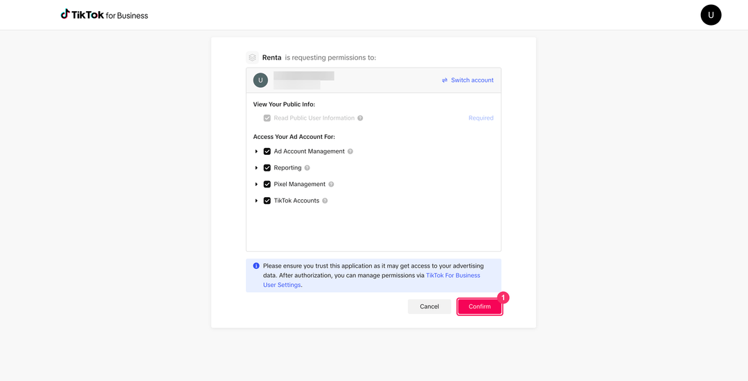 Экран согласия TikTok for Business с запрашиваемыми разрешениями и кнопкой Confirm