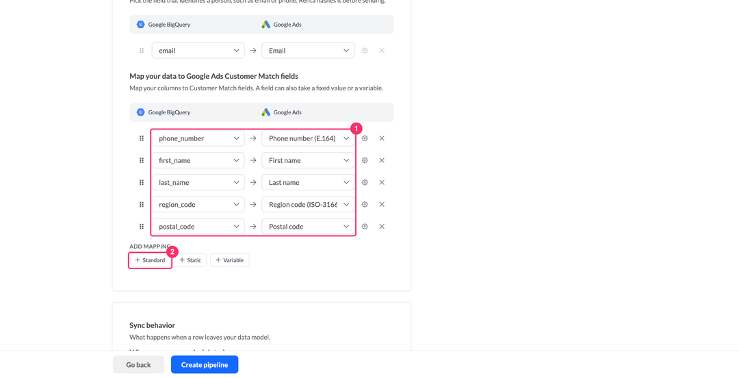 Сопоставление колонок модели данных с полями идентификаторов Customer Match