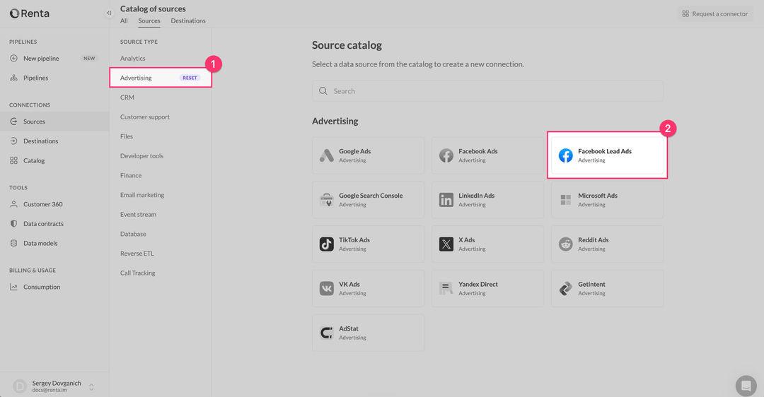 Facebook Lead Ads card in the Advertising category of the Renta catalog