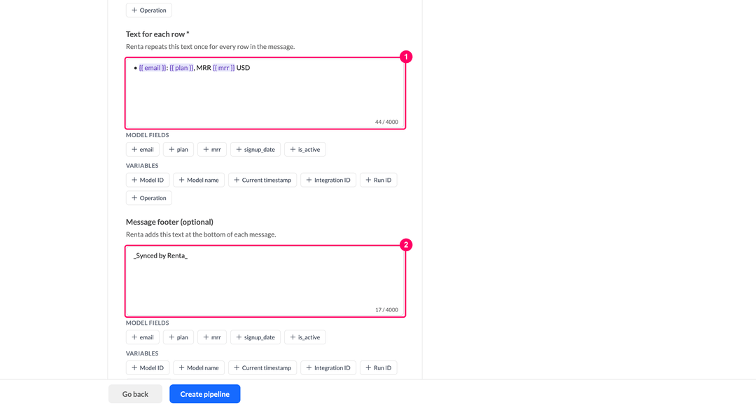Text for each row and Message footer editors in Batch message mode