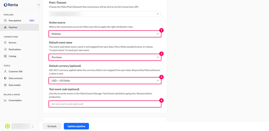 Action source, default event name, default currency, and test event code fields