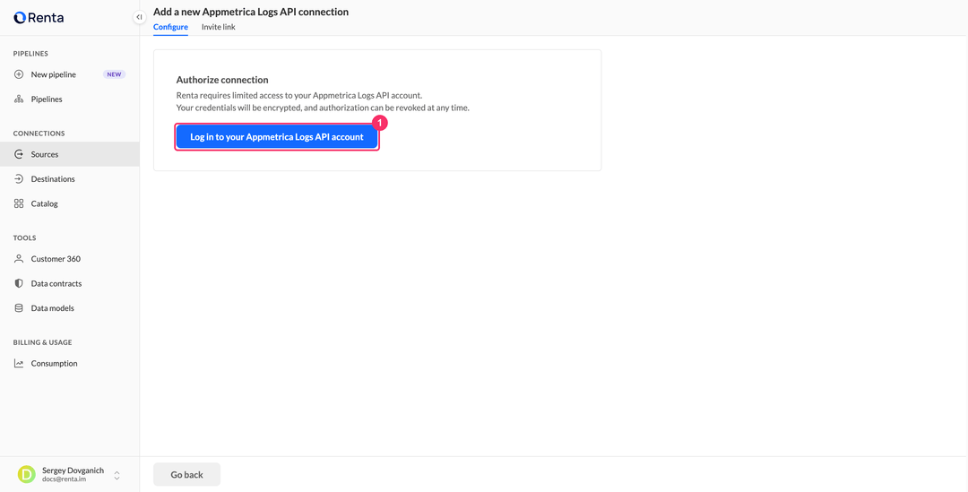 Страница авторизации нового подключения AppMetrica Logs API в Renta