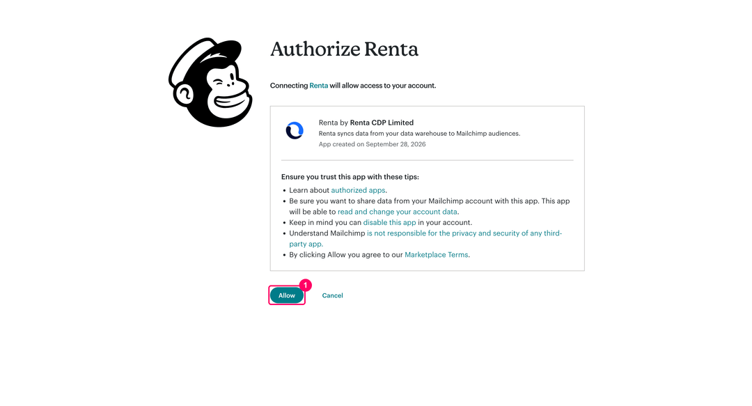 Mailchimp Authorize Renta page with the Allow button