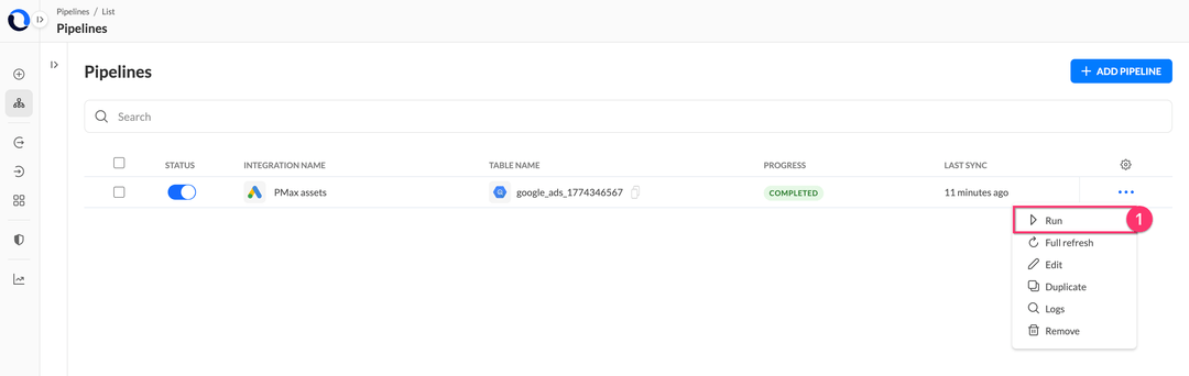 Trigger a manual run from the pipeline list