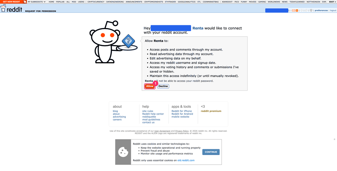 Reddit permission page listing the access Renta requests
