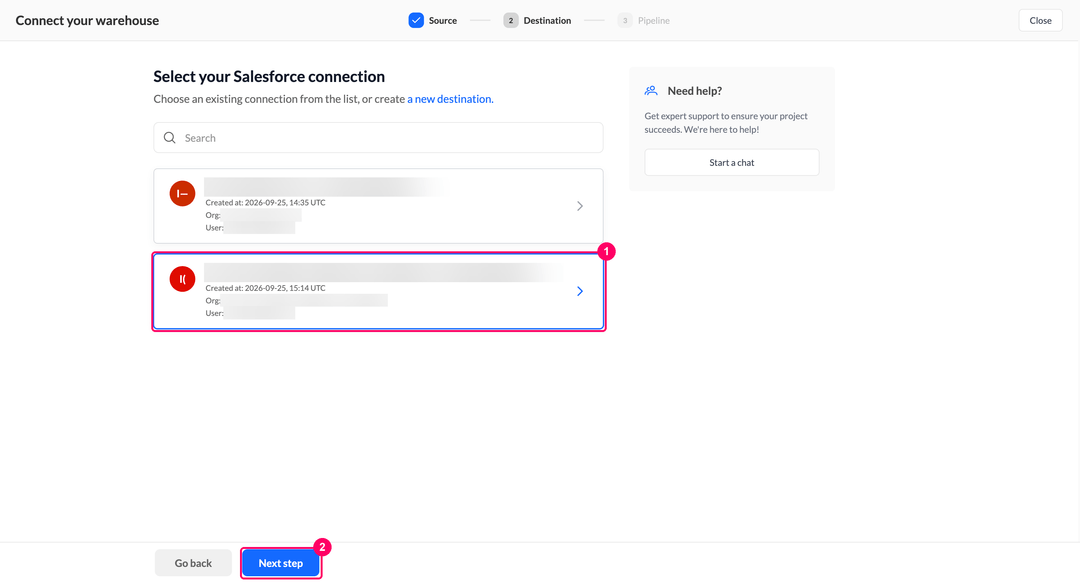 Шаг выбора подключения Salesforce с карточками боевого и sandbox подключений