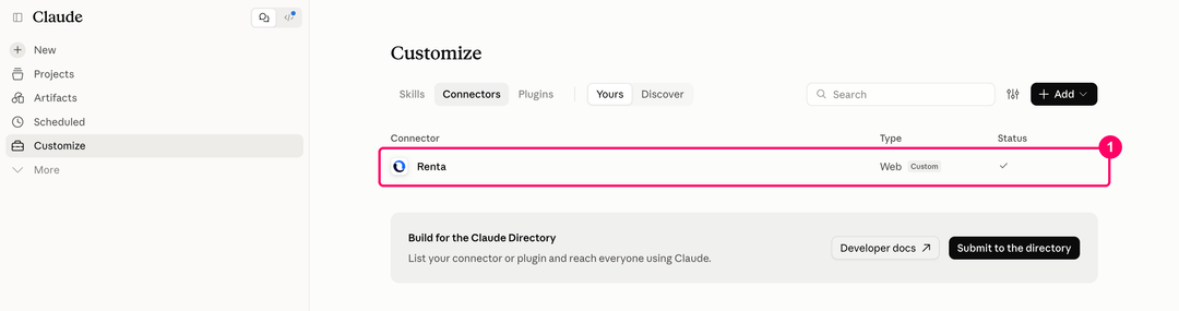 Вкладка Yours в списке коннекторов Claude: коннектор Renta с меткой Custom и галочкой в колонке Status