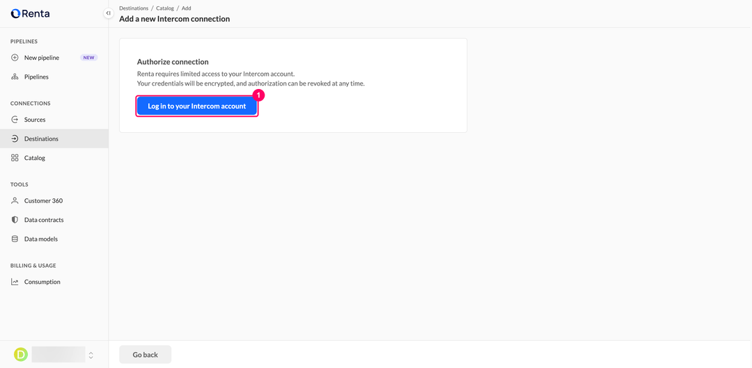 Страница авторизации с кнопкой Log in to your Intercom account