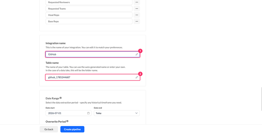 Поля имени интеграции и имени таблицы GitHub со списком выбранных параметров выше