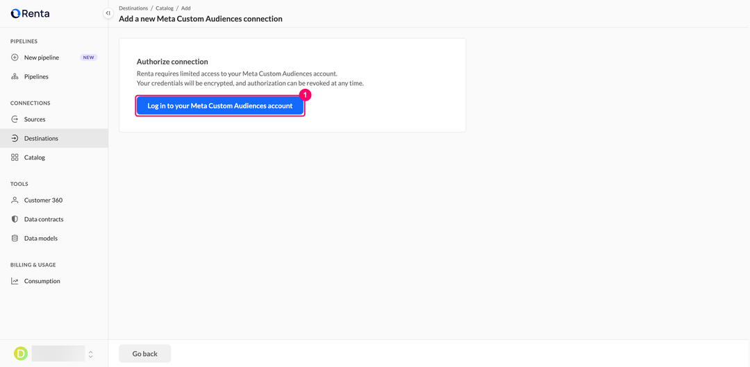 Authorize connection page with the Log in to your Meta Custom Audiences account button
