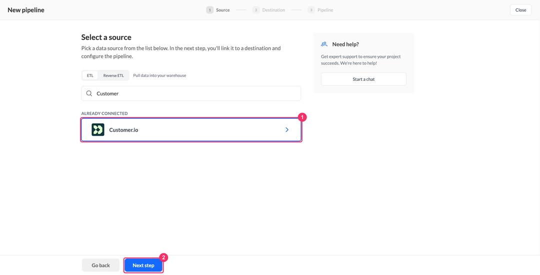 Select a source step with Customer.io under Already connected