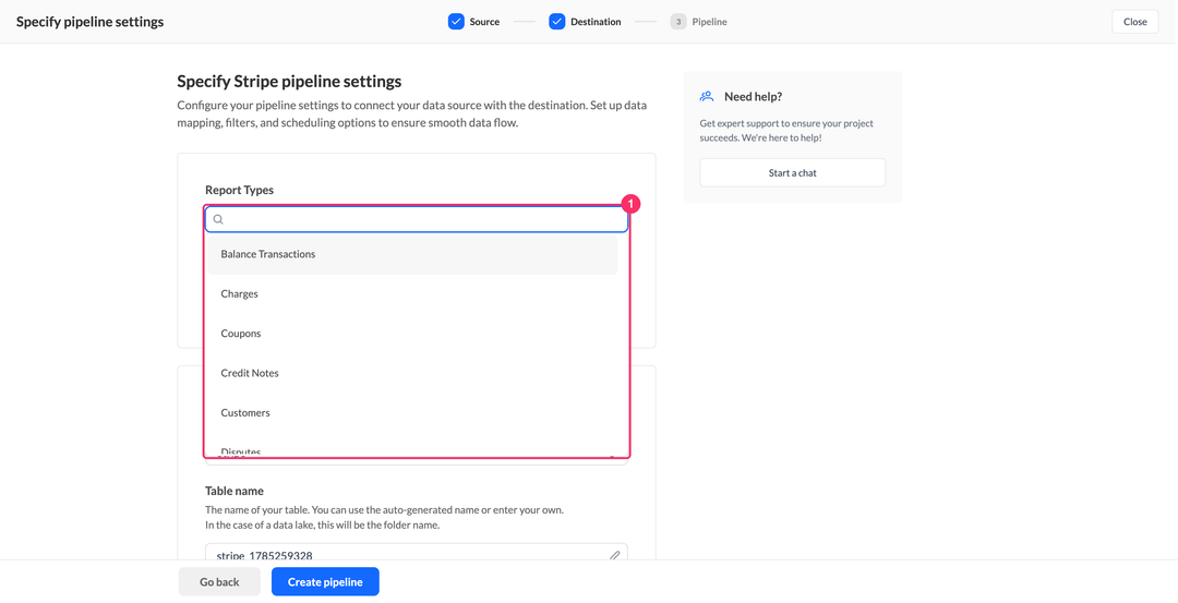 Настройки пайплайна Stripe с открытым выпадающим списком Report Types