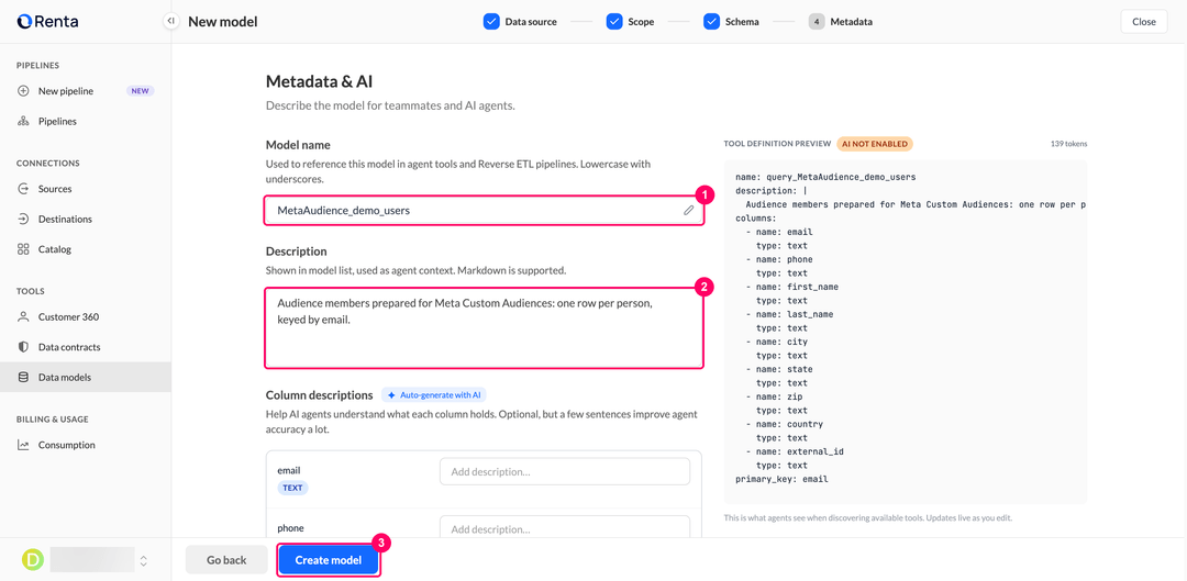 Metadata step with the model name and description fields and the Create model button