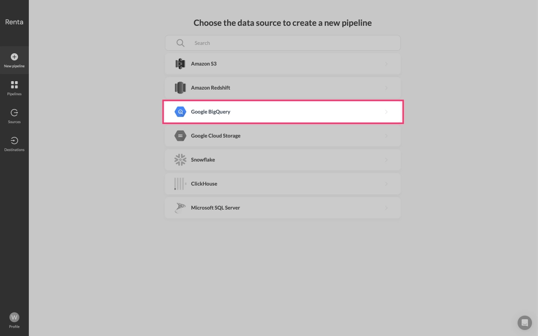 Select Google BigQuery as destination type