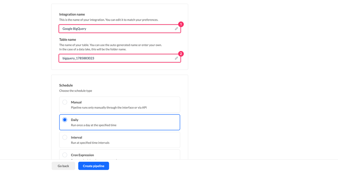 Google BigQuery integration name and table name fields