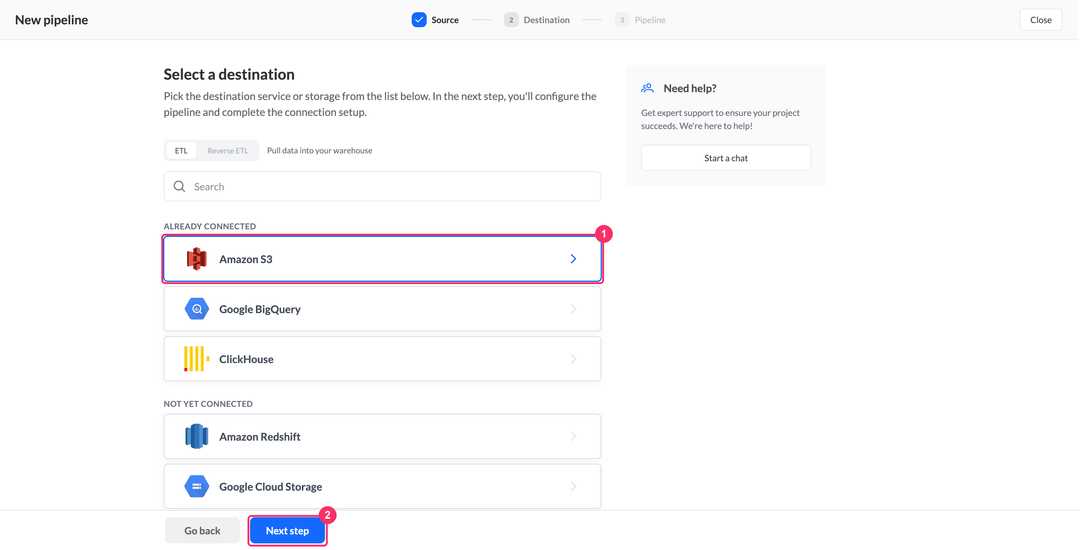 Select a destination step with Amazon S3 under Already connected