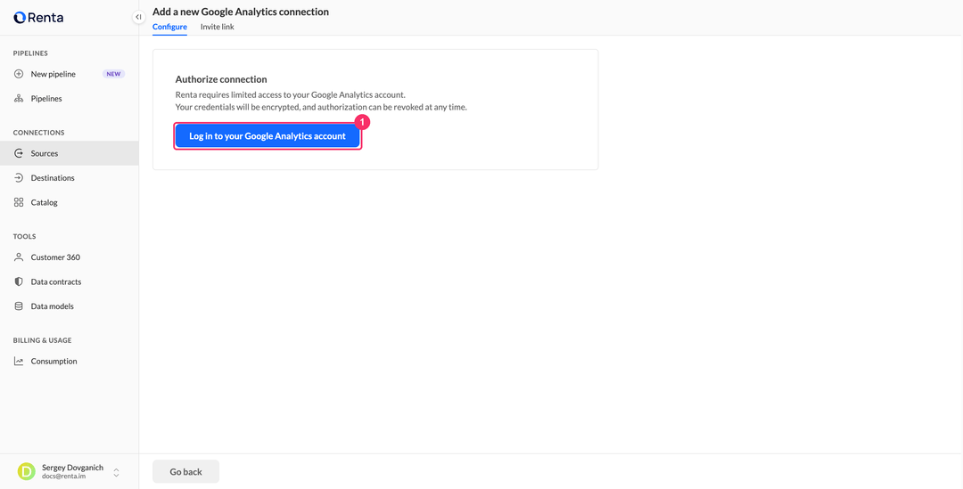 Страница авторизации подключения Google Analytics в Renta