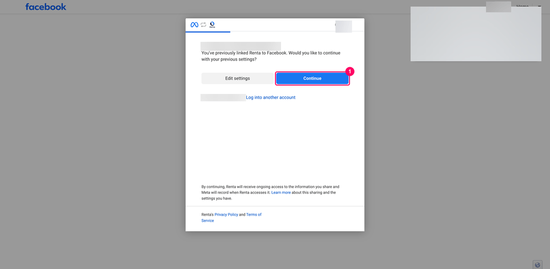 Meta login dialog with the Edit settings and Continue buttons