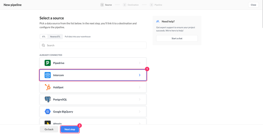 Select a source step with Intercom under Already connected