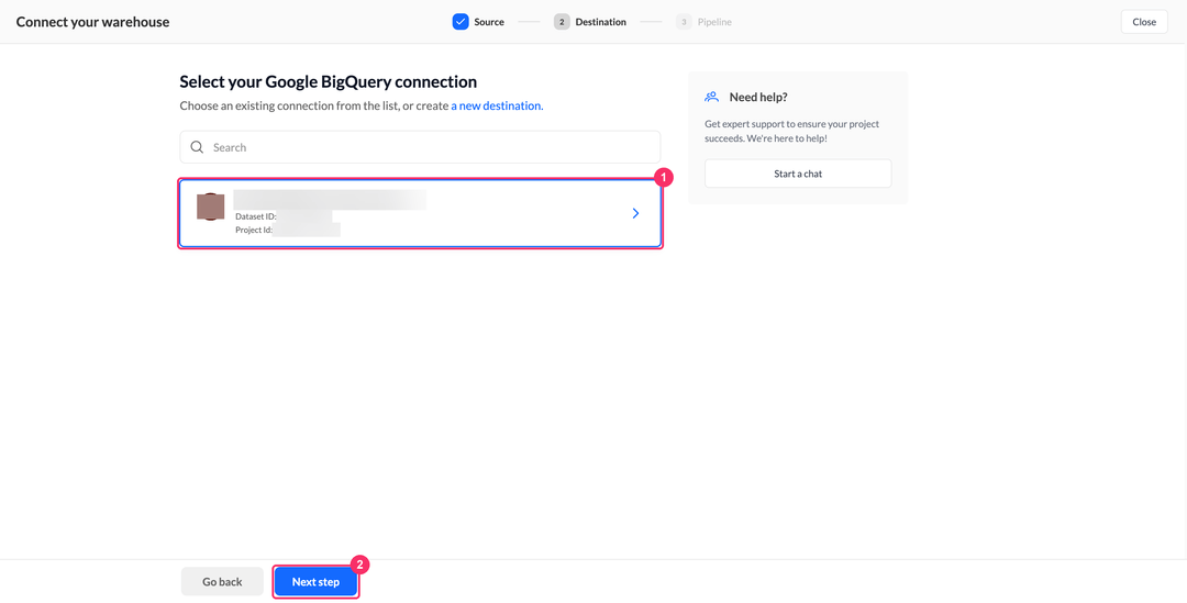 Шаг выбора подключения Google BigQuery