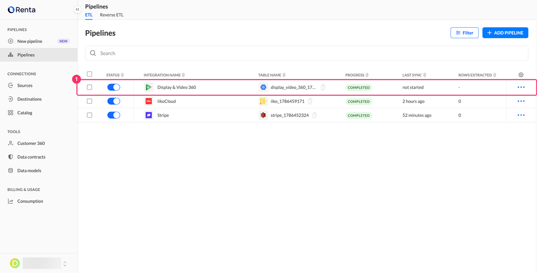 Pipelines list with the new Display & Video 360 integration