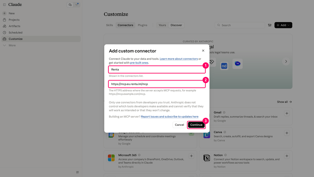 Диалог Add custom connector с названием Renta, URL сервера Renta MCP и кнопкой Continue