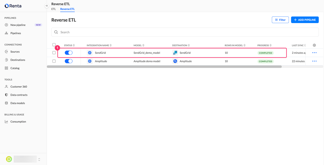 Список пайплайнов Reverse ETL с новой интеграцией SendGrid в статусе Completed