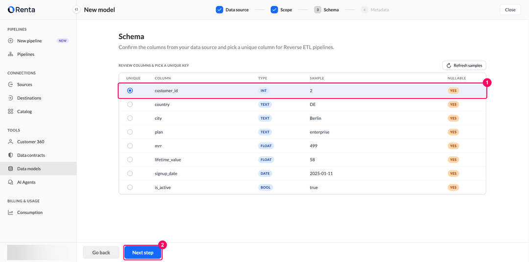 Шаг Schema с колонкой customer_id, выбранной как уникальный ключ