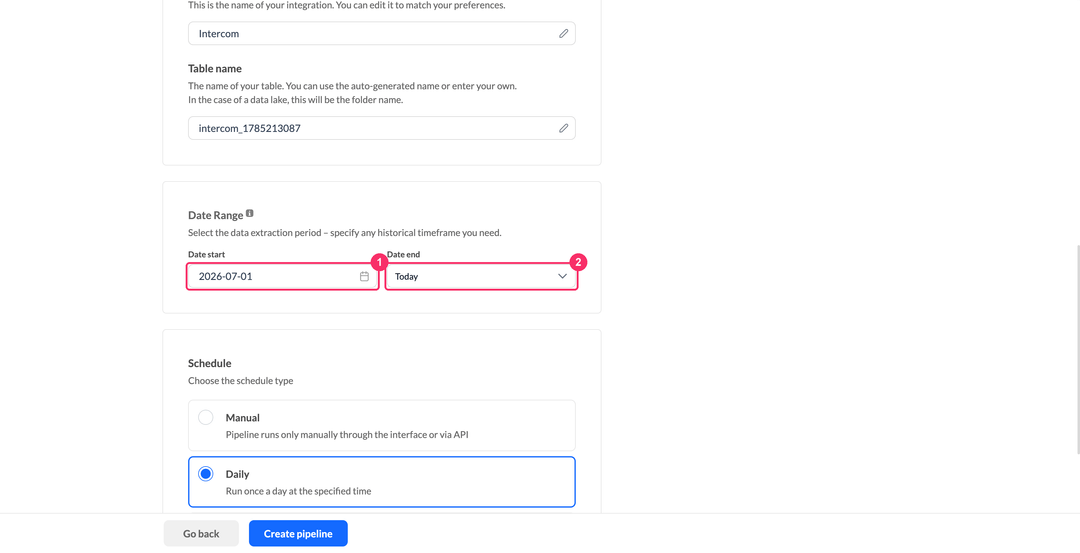 Date range block with the Date start field and the Date end dropdown set to Today