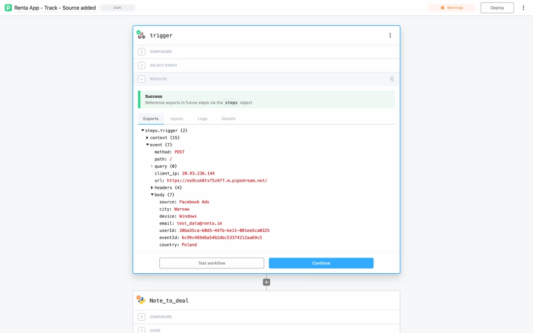 Данные webhook в Pipedream