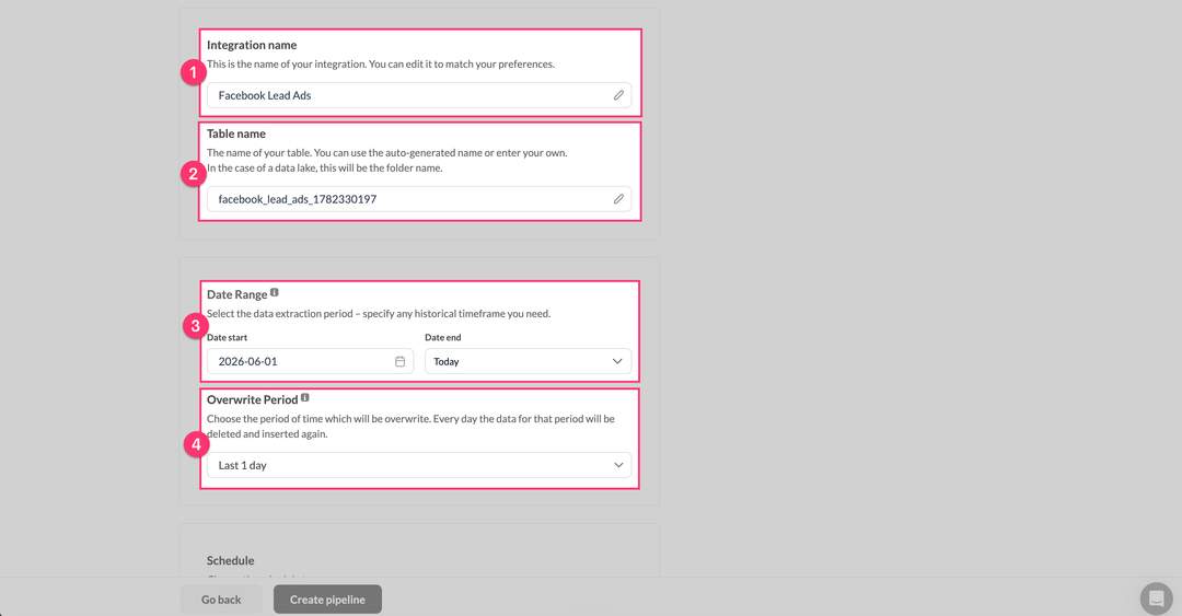 Facebook Lead Ads integration name, table name, date range, and overwrite period