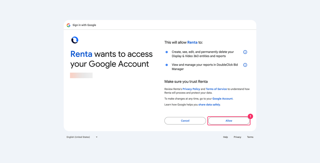Google consent screen listing the Display & Video 360 and Bid Manager permissions