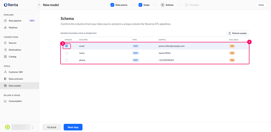 Шаг Schema с тремя колонками модели контактов и уникальным ключом на email