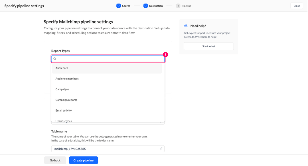 Report Types dropdown in the Mailchimp pipeline settings with the list of report types open