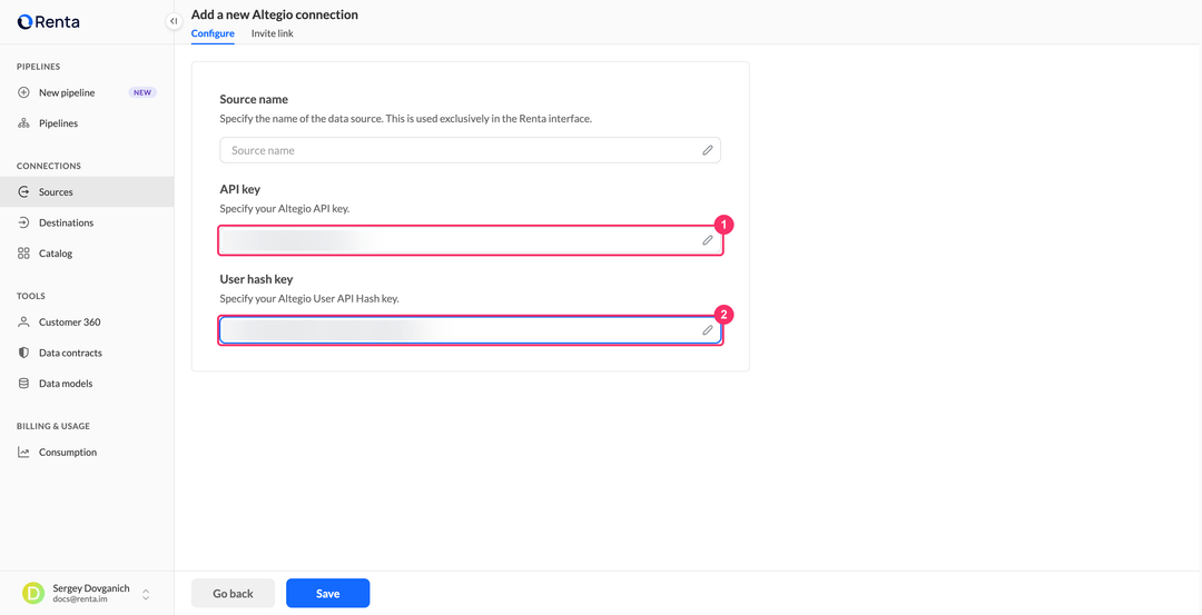 Add a new Altegio connection page with the API key and User hash key fields