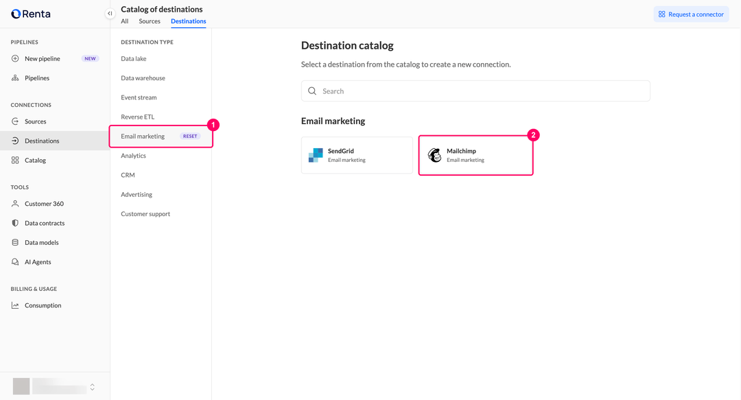 Mailchimp card in the Email marketing category of the Renta destination catalog