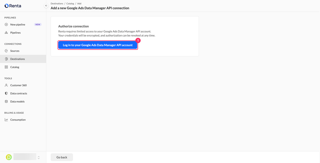 Страница авторизации с кнопкой Log in to your Google Ads Data Manager API account