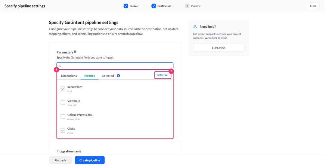 Getintent parameters picker with the Dimensions, Metrics, and Selected tabs and the Select All button