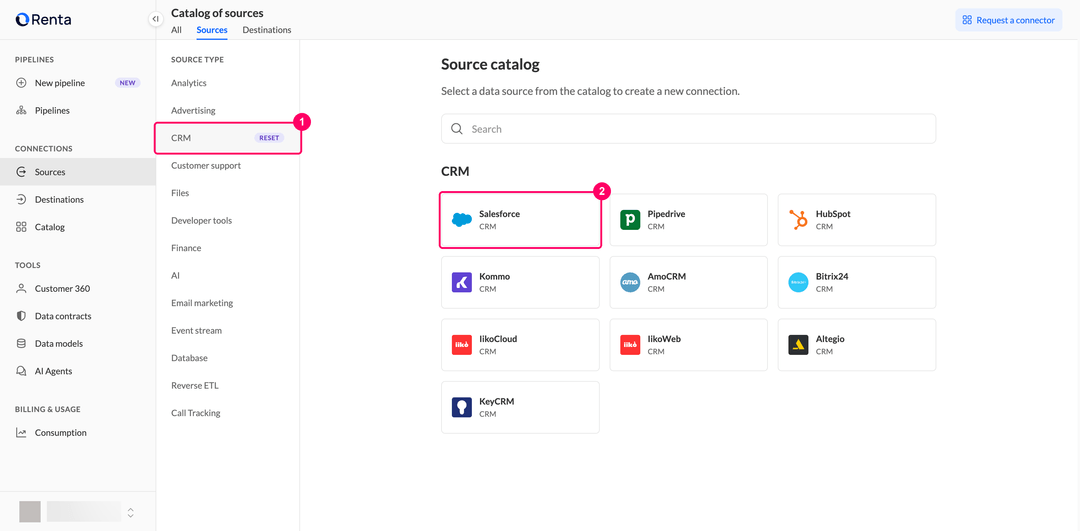 Карточка Salesforce в категории CRM каталога подключений Renta