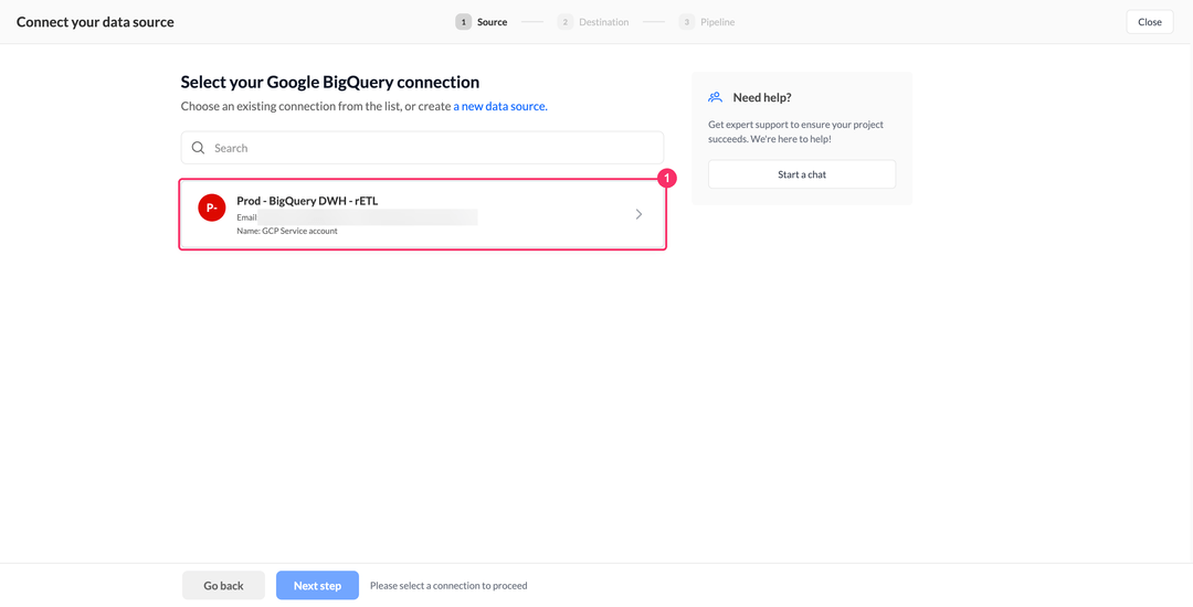 Select your Google BigQuery connection step in the pipeline wizard