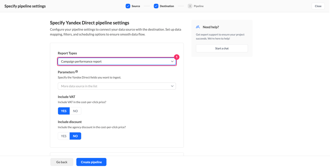 Выбор типа отчёта Yandex Direct с настройками Parameters, Include VAT и Include discount