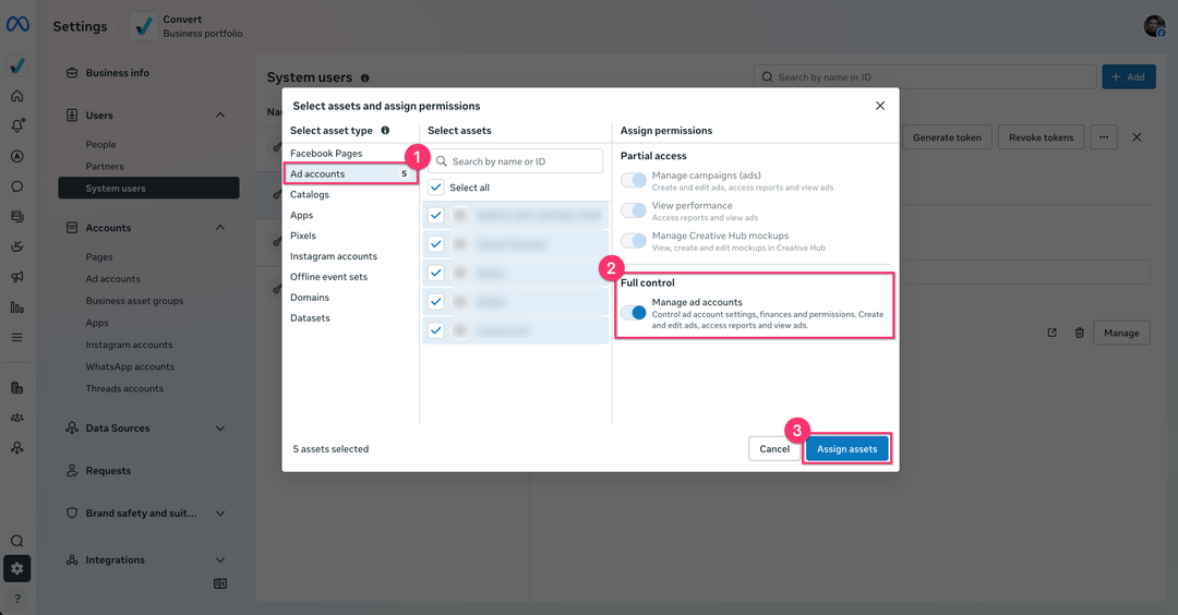 Select assets dialog with Ad accounts and Manage ad accounts permission