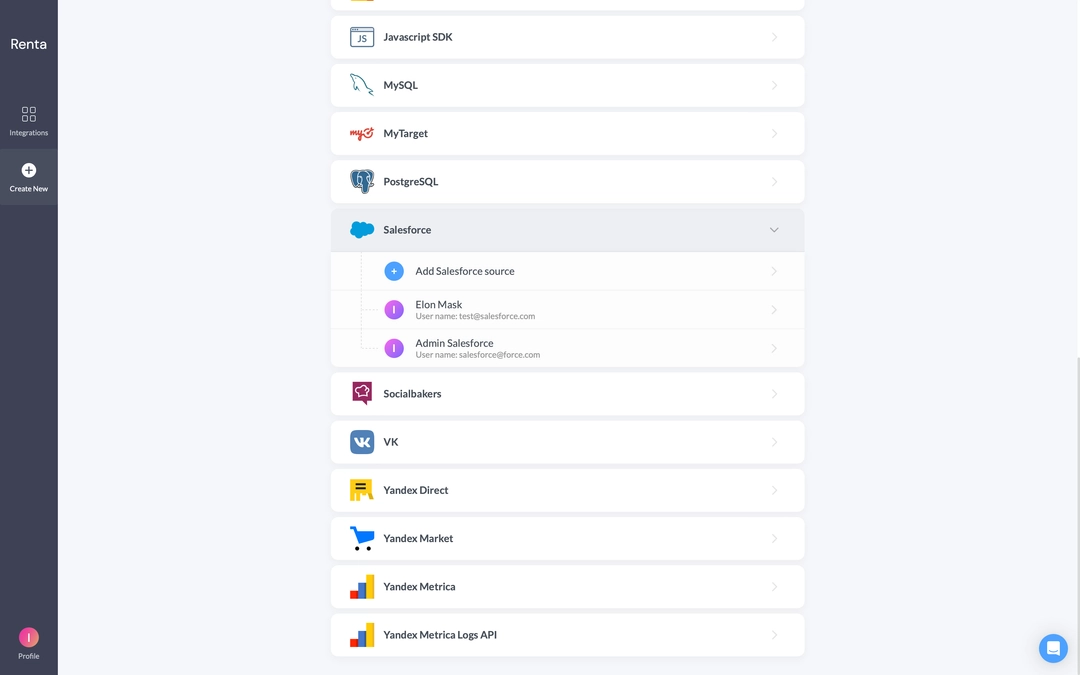 Begin by adding your Salesforce account to Renta. Navigate to the list of available accounts and simply select Salesforce from the drop-down menu. Begin by adding your Salesforce account to Renta. Navigate to the list of available accounts and simply select Salesforce from the drop-down menu.