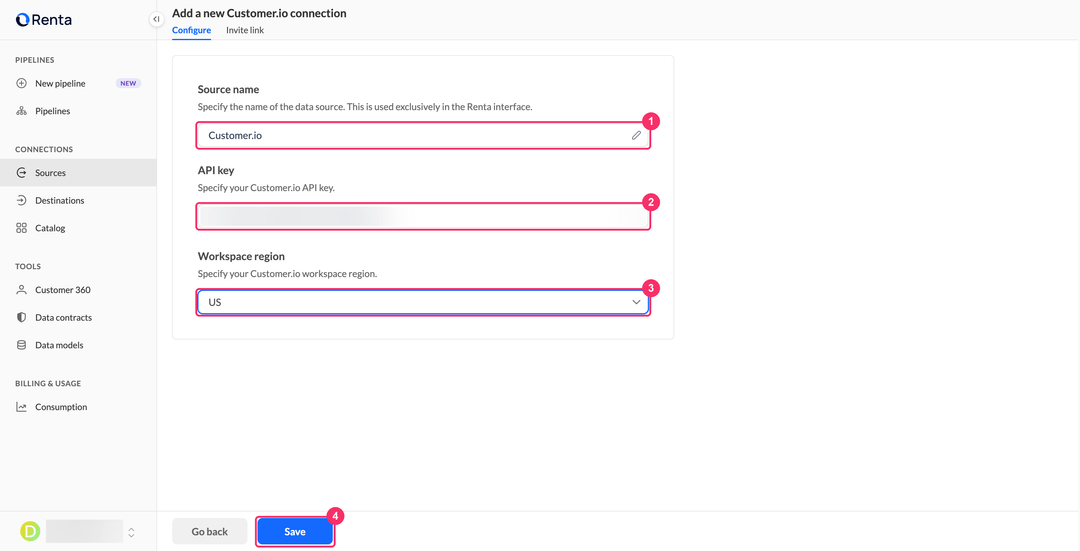 Add a new Customer.io connection page with the source name, API key, and workspace region fields