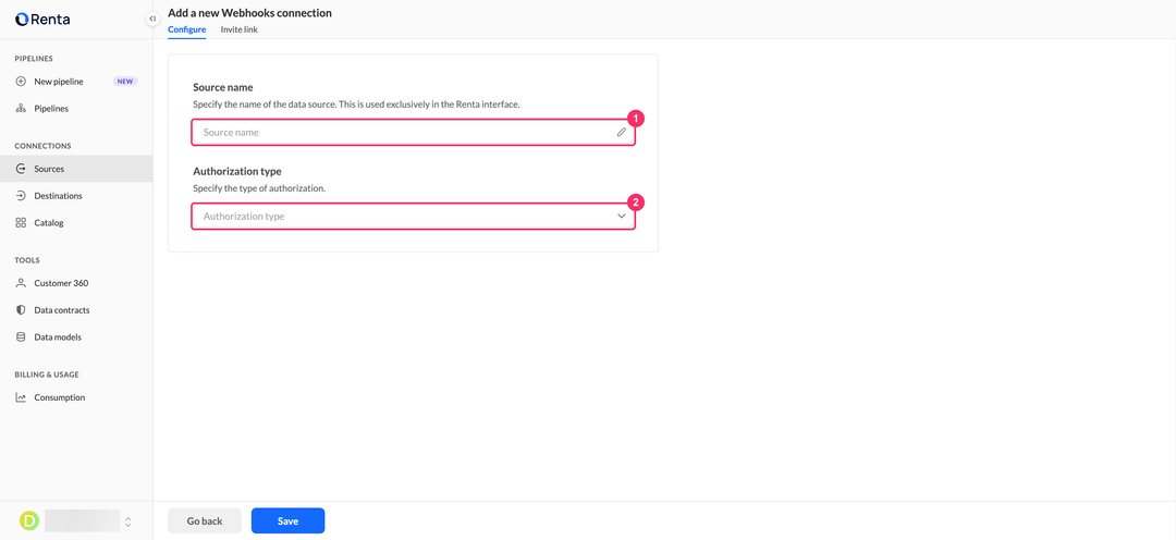 Add a new Webhooks connection page with the Source name field and the Authorization type dropdown