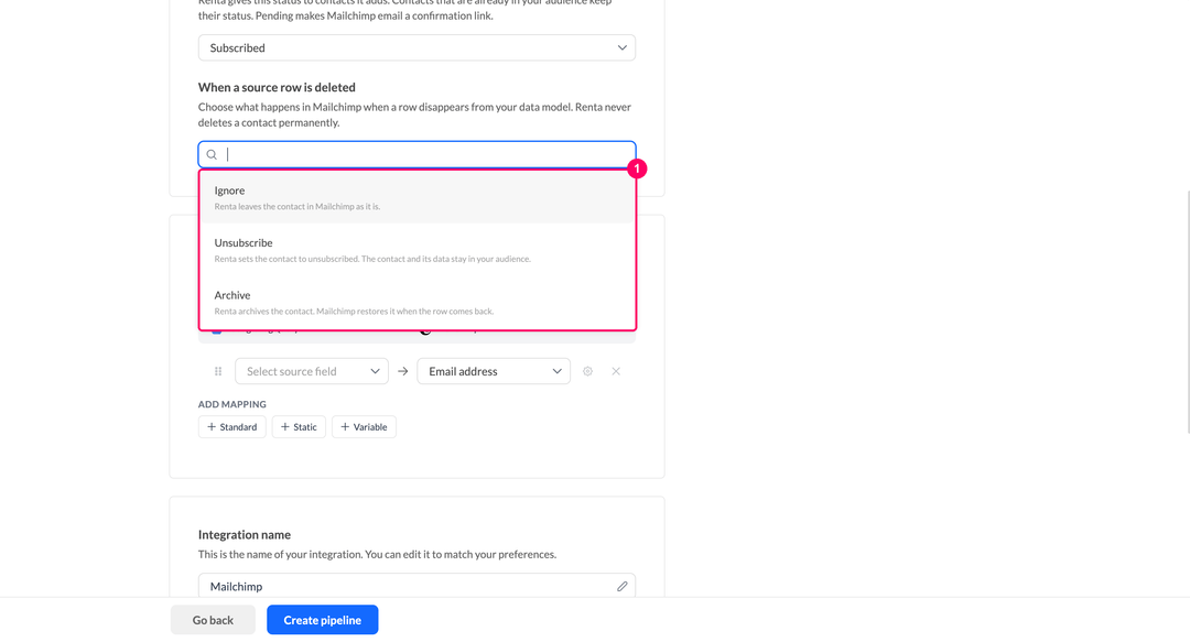 When a source row is deleted dropdown with the Ignore, Unsubscribe, and Archive options for audience members